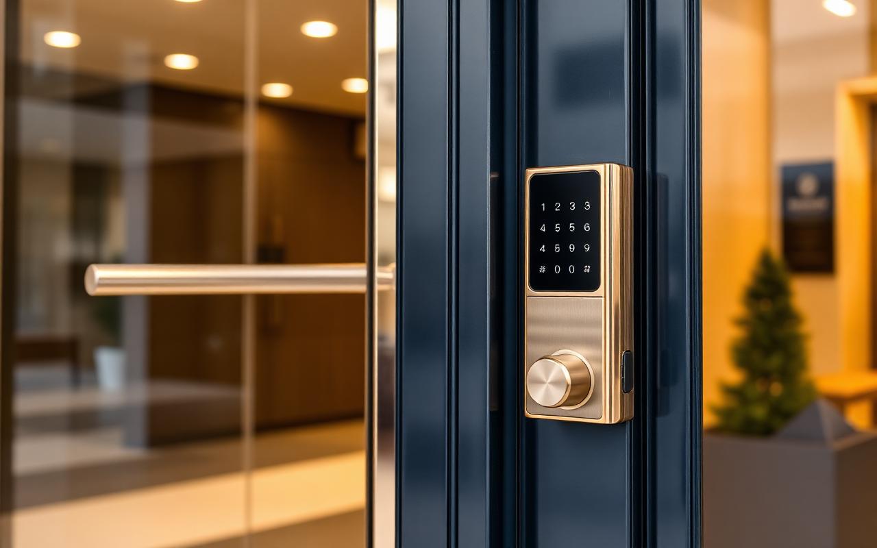 Commercial locksmith installing keypad access at an Angier, NC business