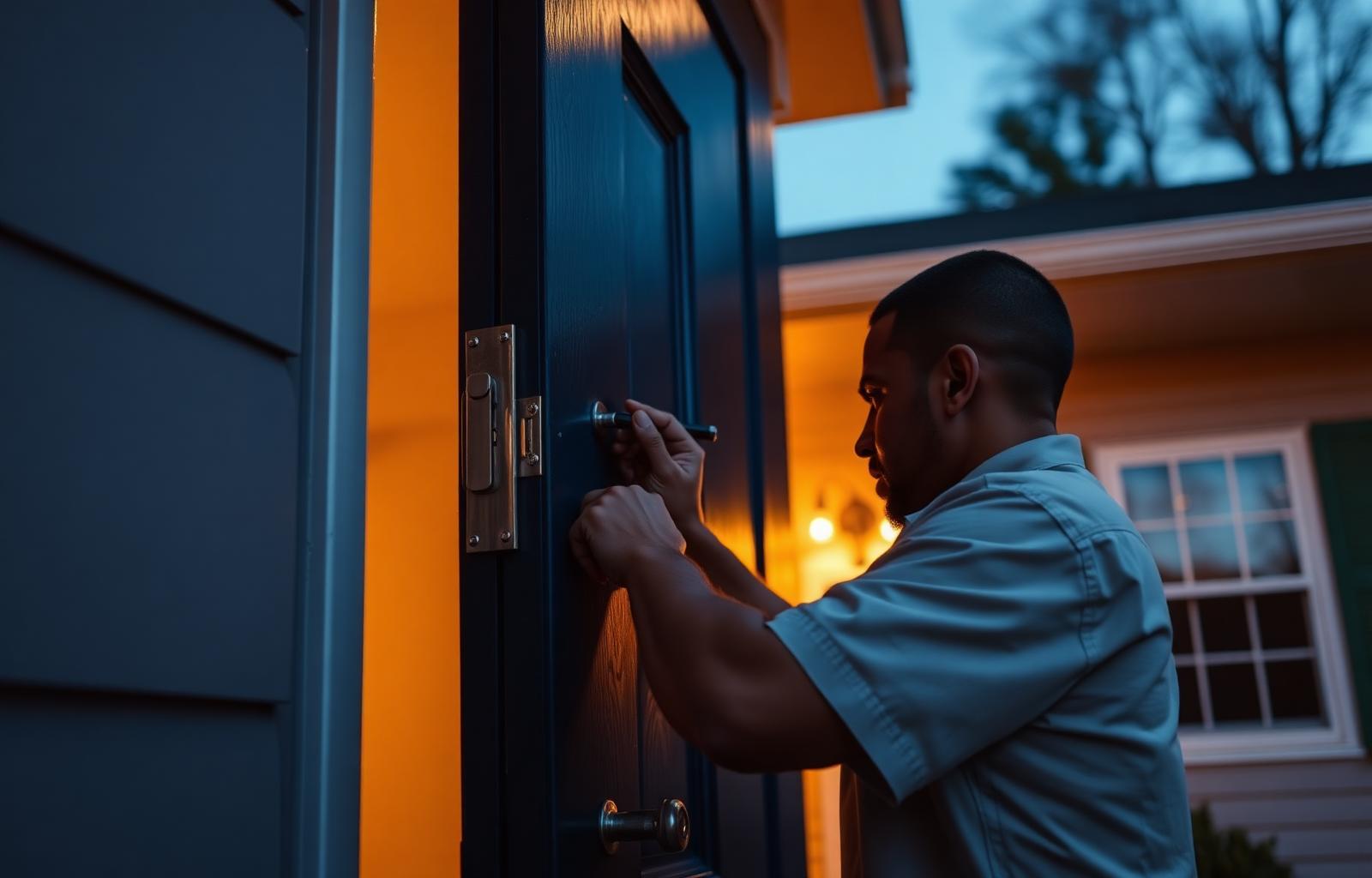Angier Locksmith technician working on a residential door lock in Angier, NC
